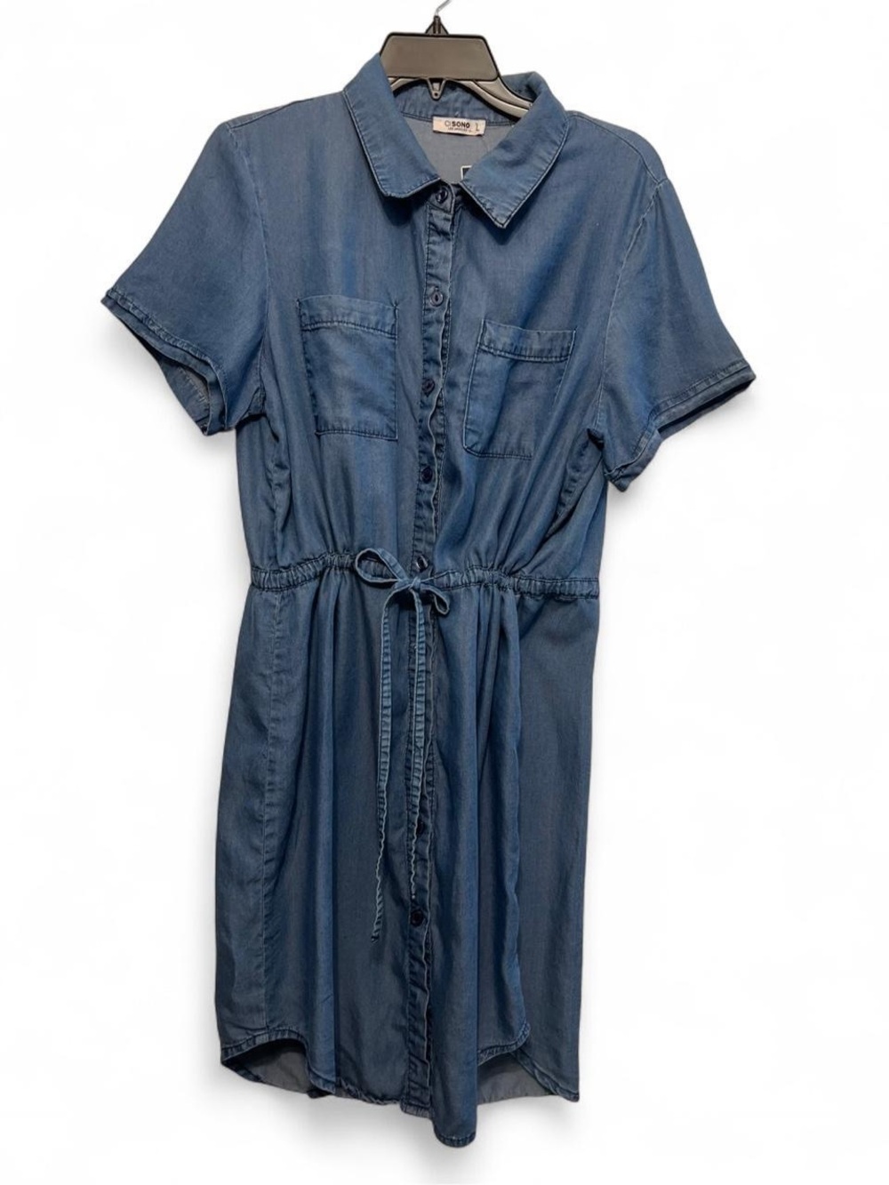 Classic Blue Denim Shirt Dress with Tie Waist - Picture 3 of 5